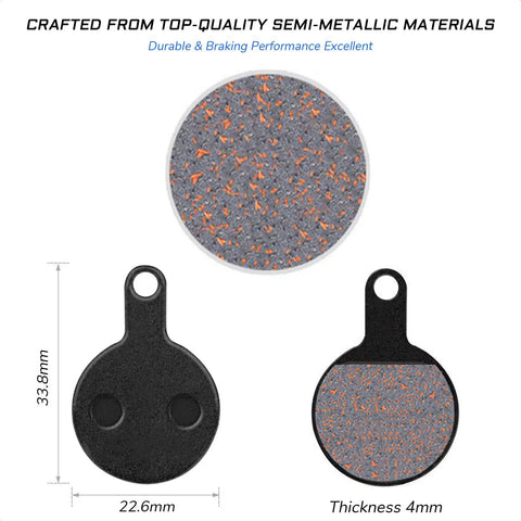 Close-up of Two Pairs Disc Brake Pads For Tektro Novela IOX Disc Brakes with measurements and semi-metallic texture details.