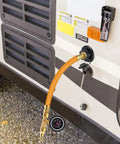 2025 RV Winterizing Kit Upgrade With Oil Pressure Gauge connected to camper, showing hose and adapter attachment