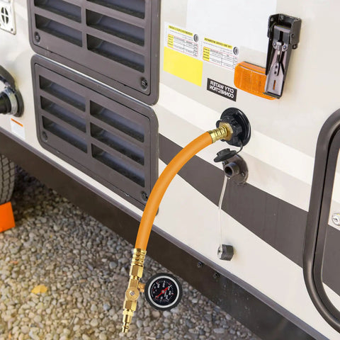2025 RV Winterizing Kit Upgrade With Oil Pressure Gauge connected to camper, showing hose and adapter attachment