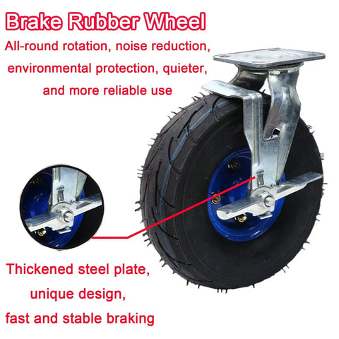 Beefed Up Heavy Duty Industrial Caster Wheels With Top Plate Swivel And Air Filled Rubber Casters Side Brakes Close-up
