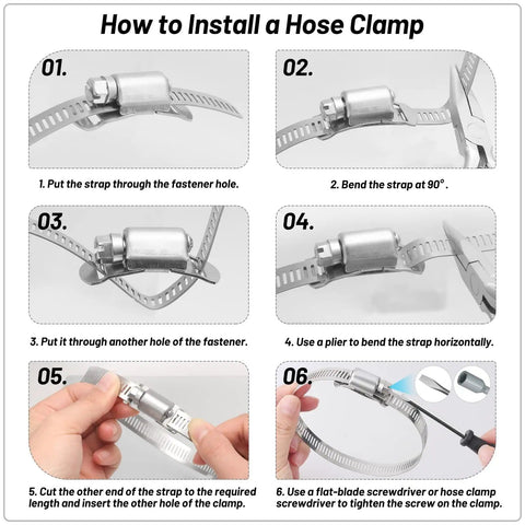 Installation steps for Heavy Duty Adjustable Hose Clamp Kit 304 Stainless Steel Band 14.7 Ft Duct Strapping With Holes and 10 Strong Fasteners.