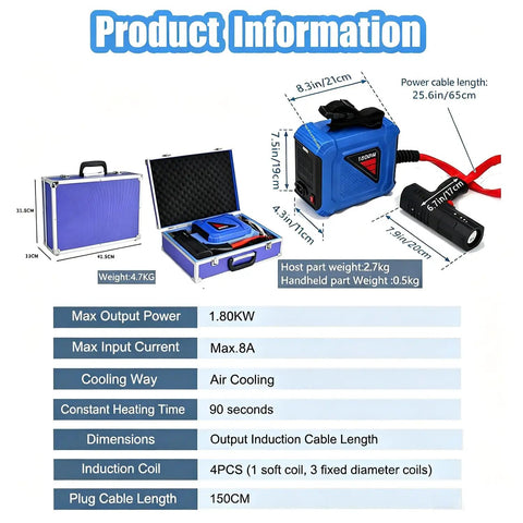 Product information for Badass 1800W Magnetic Induction Heater Kit including power specs and dimensions.