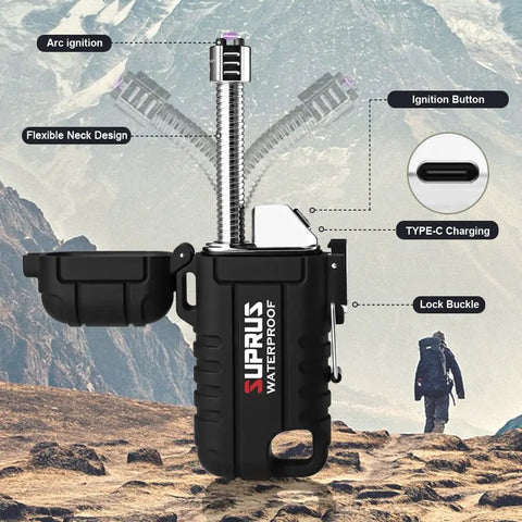 Waterproof Windproof Arc Plasma Lighter USB C Rechargeable With Expandable Flexible Neck For Outdoor Camping Kitchen Black