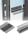Two Pack Sliding Door Lock For Child Safety On Sliding Glass Doors And Windows With Extra Strong Adhesive, shown installed and side views