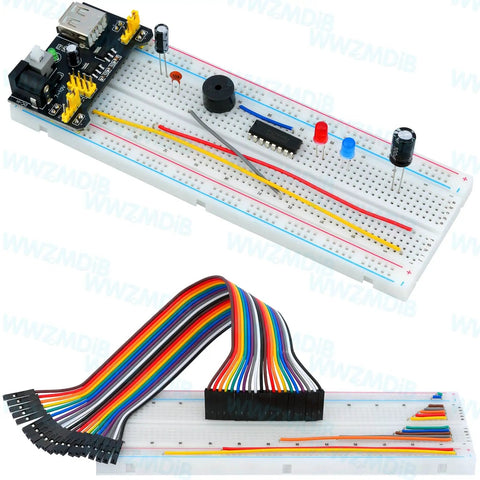 438 Piece Electronics Breadboard Kit For Beginners With No Soldering Required Plug And Play Prototyping Set shown with components