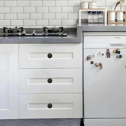 Kitchen with Two Pack Rustic Iron Cabinet Knobs One And A Half Inch Vintage Farmhouse Solid Core Kitchen Hardware on white drawers.