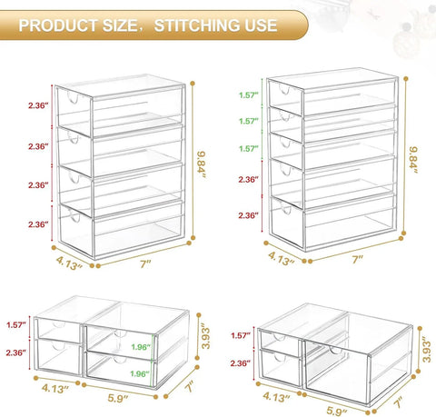Dimensional diagram of Four Pack 16 Drawer Clear Desk Organizer Set For Makeup Jewelry Office Supplies And Stationery Dustproof Storage Drawers Space Saving Easy Access Stackable Clear Cosmetic And Craft Organizer Neat Freak Friendly