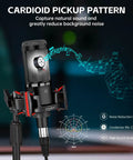 XLR Podcast Microphone Professional Cardioid Condenser Mic Kit With Desktop Stand, shown with shock mount and sound pattern graph.