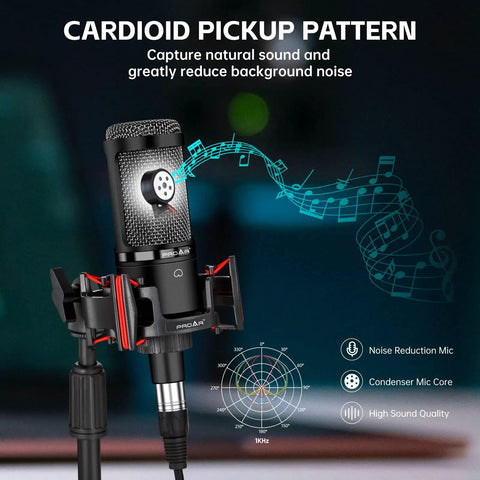 XLR Podcast Microphone Professional Cardioid Condenser Mic Kit With Desktop Stand, shown with shock mount and sound pattern graph.