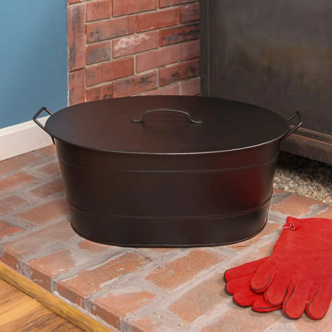 Oval Black Iron Tub With Lid For Pellets Coal And Ashes Storage A Multi Functional Bin In A Sleek Black Finish Durable And Easy To Use For Pellets Or Ash Removal Perfect For Fireplaces Or Stoves