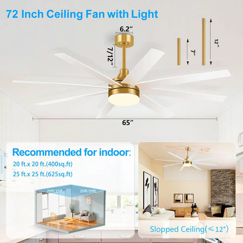 65 Inch Ceiling Fan With Lights And Remote Six Speed Settings Quiet DC Motor Eight Reversible Blades Timer Function Three Color LED Light Industrial Gold And White Finish Perfect For Big Rooms Bedroom Or Home Office, shown with dimensions and recommended room size, featuring gold finish and LED light.