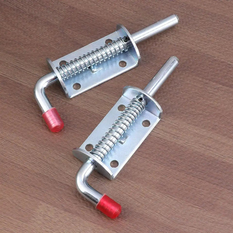 Premium Stainless Steel Spring Loaded Gate Latch And Bolt Hardware Set For Utility Dump Trailers Barn Doors showing two latches with red ends.