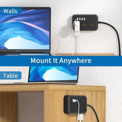 25 Foot Flat Plug Extension Cord With 6 Widely Spaced Outlets And 4 USB Ports Including 2 USB C Ports For Home Office Dorm on wall and table