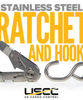 Beefy Stainless Steel Ratchet Straps With S Hooks 1 Inch By 10 Feet 4 Pack For Boats ATVs Camping Snow And Saltwater, 765 Lbs Working Load Limit, 4500 Lbs Break Strength, Type 304 close-up