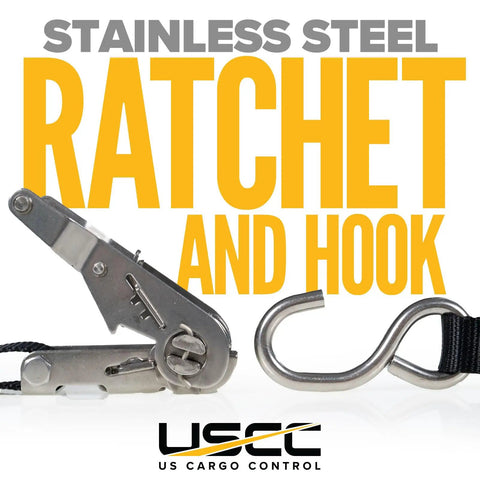 Beefy Stainless Steel Ratchet Straps With S Hooks 1 Inch By 10 Feet 4 Pack For Boats ATVs Camping Snow And Saltwater, 765 Lbs Working Load Limit, 4500 Lbs Break Strength, Type 304 close-up