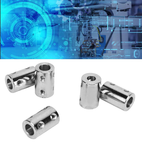 Straight Up Heavy Duty Five Piece Steel Shaft Coupling Set Featuring Flexible Motor Couplers For Smooth Mechanical Transmission Rock Solid Zero Slip Design Fits Six To Eight Mm Shafts Perfect For Shop Builds - Close-up of steel couplings.