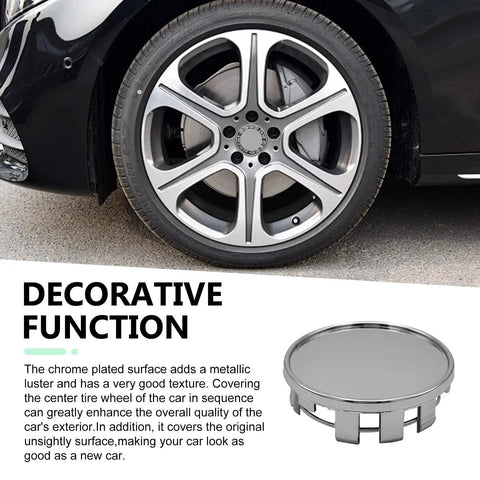 Set Of Four Sleek Silver Wheel Hub Center Caps With A Dead Snap Fit That Shuts Out Rain And Road Grit To Beat Rust On Those Exposed Bolts While Keeping Your Rim Setup Looking Fresh All Season Long - close-up of wheel hub cap with chrome finish on car wheel.
