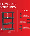 Four Shelf Beefy Heavy Duty Plastic Storage Shelves With 600 Pound Capacity, 56 Inches High By 36 Inches Wide By 18 Inches Deep, Large Modular Storage Rack For Garage Home Warehouse And Gym, Black, dimensions highlighted on red background.