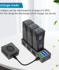 All In One Multi Function Battery Charger With Storage For DJI Mavic 3 Series Batteries Charge And Discharge Wall And Car Parallel Charging Hub For Mavic 3 Pro Classic Cine Drone Accessories showing discharge mode with three batteries.