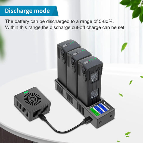 All In One Multi Function Battery Charger With Storage For DJI Mavic 3 Series Batteries Charge And Discharge Wall And Car Parallel Charging Hub For Mavic 3 Pro Classic Cine Drone Accessories showing discharge mode with three batteries.