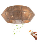 Rattan Ceiling Fan with Caged Flush Mount Low Profile for Bedroom Living, showing remote control and woven shade design.
