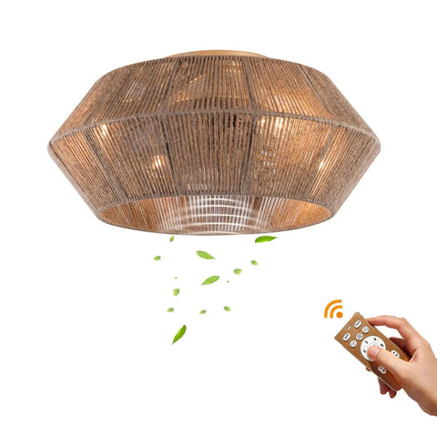 Rattan Ceiling Fan with Caged Flush Mount Low Profile for Bedroom Living, showing remote control and woven shade design.