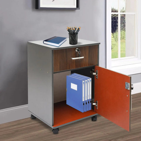 Slick Locking Vertical File Cabinet With Smooth Glide Casters And Ample Under Desk Storage Space with top drawer and open file compartment.
