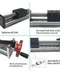 Beefy Linear Motion Ball Screw Table Kit With SFU1204 Ball Screw and MGW12C Rail, detailed view with red handwheel and scale included