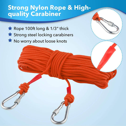 Strong nylon rope with steel locking carabiners from Double Sided Magnetic Fishing Kit With Beast 2600 Lb Pull, 100 Ft Rope