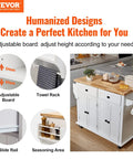 Solid Rubber Wood Top Kitchen Island Cart With Storage Cabinet And Drawer, 35.4 Inch Wide Rolling Kitchen Island On Wheels With Spice Rack And Towel Rack, White Finish, Durable MDF Frame showcasing features like adjustable board, slide rail, and seasoning area