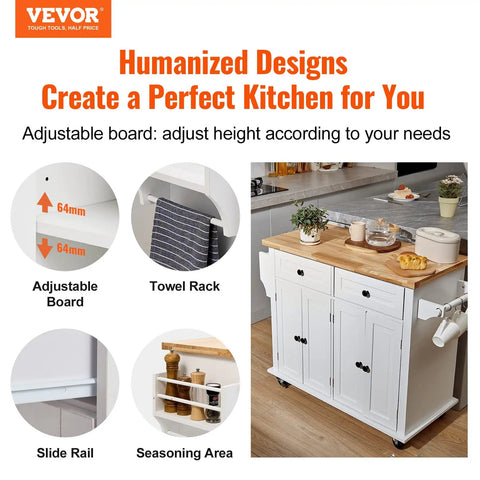 Solid Rubber Wood Top Kitchen Island Cart With Storage Cabinet And Drawer, 35.4 Inch Wide Rolling Kitchen Island On Wheels With Spice Rack And Towel Rack, White Finish, Durable MDF Frame showcasing features like adjustable board, slide rail, and seasoning area