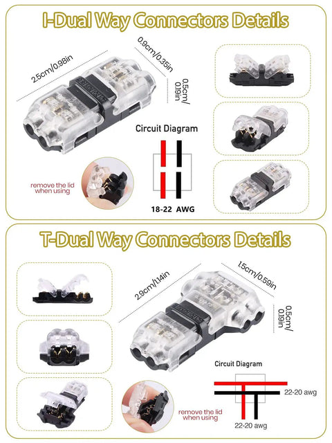 Low Voltage Wire Connectors 20 Pack 2 Pin 3 To 2 Way Quick Splice No Strip I Type T Tap Connectors Universal Fits 20 To 24 AWG