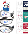 Golf Impact Tape For Drivers Irons And Woods Instant Club Face Feedback Center Contact Training Aid For Home Practice Simulator Hitting Net Range Ready 150 Piece Pack displayed on golf club faces with cards