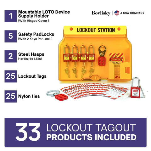 Heavy Duty Lockout Tagout Station Kit With 7 Safety Padlocks, 2 Hasps, 30 Lockout Tags, 35 Nylon Ties displayed with accessories.