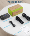 USB 3.0 Switcher For Two Computers Share Four USB Devices Like Mouse Keyboard Printer And Scanner Across Mac Windows Linux No-Fuss Plug-and-Play Hub Includes Two Cables package contents on table