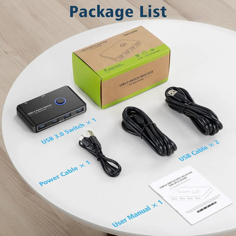 USB 3.0 Switcher For Two Computers Share Four USB Devices Like Mouse Keyboard Printer And Scanner Across Mac Windows Linux No-Fuss Plug-and-Play Hub Includes Two Cables package contents on table