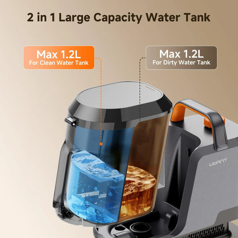 2 in 1 water tank of Portable Carpet And Upholstery Deep Cleaner With 18Kpa Suction For Cars Pets Rugs And Couches, showing clean and dirty water compartments.