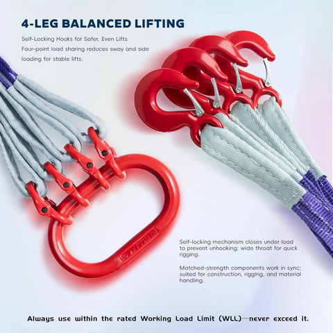 4-leg lifting sling with red G80 hooks and ring, suitable for Beefed Up Heavy Duty 10Ft Polyester Lifting Sling, 4-ton capacity.
