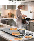 Roll Up Food Warmer Mat With 15W Wireless Charger And Quick Heat, 34 by 15 Inch Buffet Warmer with pot and pizza displayed.