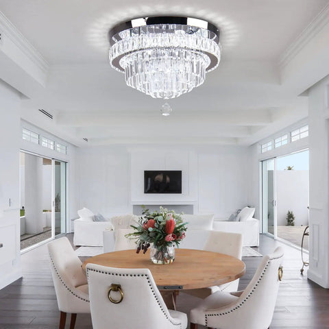 16 Inch Sleek Modern Crystal Chandelier Chrome Flush Mount Ceiling Light Fixture With Five Tiers Led For Dining Room Living Room Bedroom 6500K Cool White Energy Saving Chandelier in elegant dining room setting