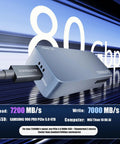 Badass 80Gbps M2 NVMe SSD Enclosure With Intel JHL9480 B2 Controller And Hella Quick 7000 MBps Thunderbolt 5 4 3 USB4 V2 Support For Up To 8TB Drives With Sleek PWM Fan Cooling Rig connected to a laptop, showcasing 7200 MB/s read speed
