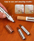 No Sweat Wood Repair Kit Featuring Sleek Touch Up Markers Plus Quality Wax Sticks For Quick Floor And Furniture Fixes In Assorted Rich Wood Tones For A Smooth Knockout Transformation, showing touch-up markers and wax sticks.