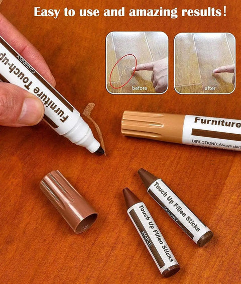 No Sweat Wood Repair Kit Featuring Sleek Touch Up Markers Plus Quality Wax Sticks For Quick Floor And Furniture Fixes In Assorted Rich Wood Tones For A Smooth Knockout Transformation, showing touch-up markers and wax sticks.