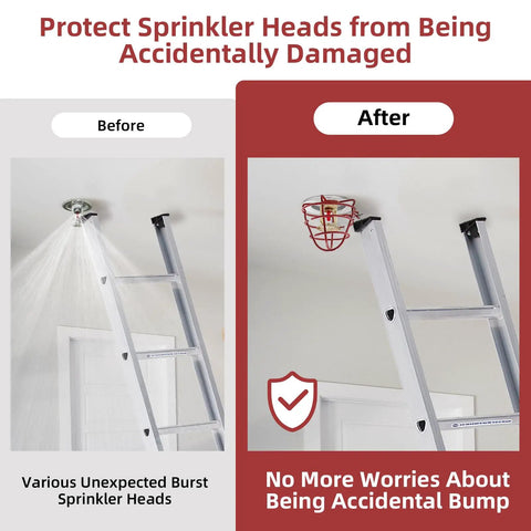 Before and after comparison showing 6 Pack 3/4 Inch Fire Sprinkler Head Cage Guards with welded steel mesh protecting sprinkler heads.