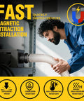 Joinerjetly magnetic dust-collection fittings kit with mag port connector and 4in/2.5in couplers; side view of user attaching dust-collector hose.