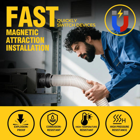 Joinerjetly magnetic dust-collection fittings kit with mag port connector and 4in/2.5in couplers; side view of user attaching dust-collector hose.