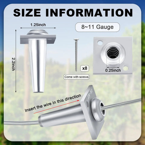 Pro Grade Anchor Vise Set For 8 To 11 Gauge Wire, Includes 4 Vises And Galvanized Wire shown with size diagram and screws
