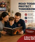 Family reading a fire safety book together with a fire safety learning kit on the table, promoting fire safety education.