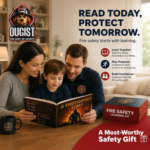 Family reading fire safety book together, learning fire safety education, promoting awareness and preparation for emergencies.