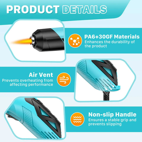 Image showing features of the Powerful Mini Heat Gun With Dual Temps 554 F And 896 F 350W Hot Air Tool, including air vent and handle.